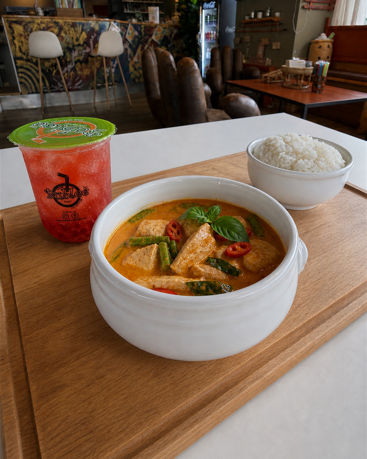 Thai Red Curry Poulet mit Reis und einem Boba-Getränk