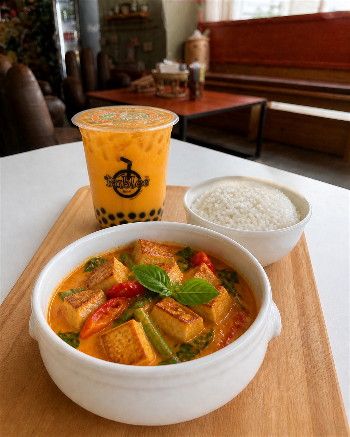 Thai Red Curry Tofu mit Reis und einem Boba-Getränk
