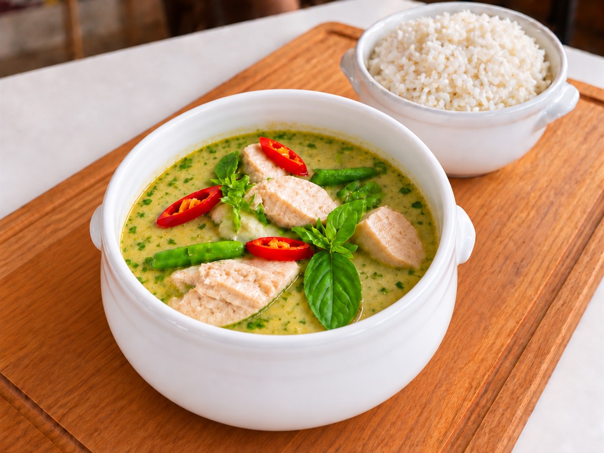 Green Curry Poulet mit Gemüse und Jasminreis in weissen Keramikschalen