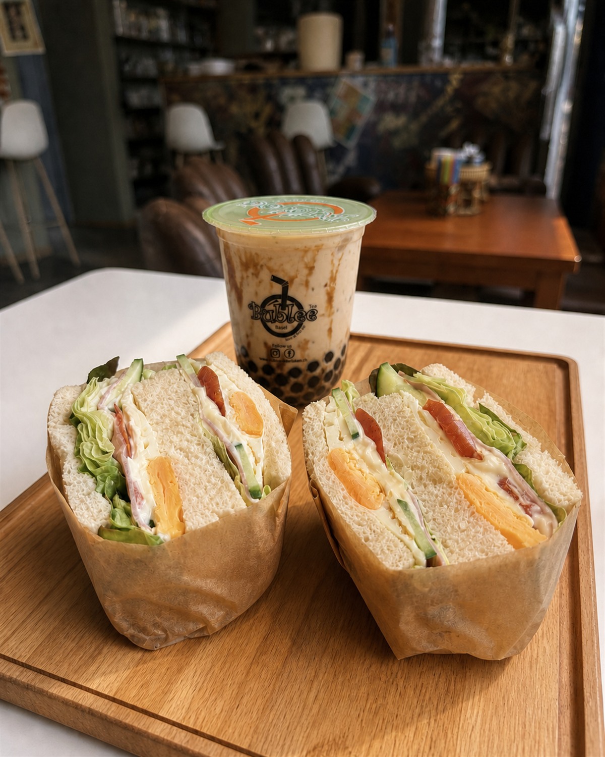 Double Sandwich-Set mit zwei Schinken-Ei-Käse-Sandwiches und einem Boba-Getränk