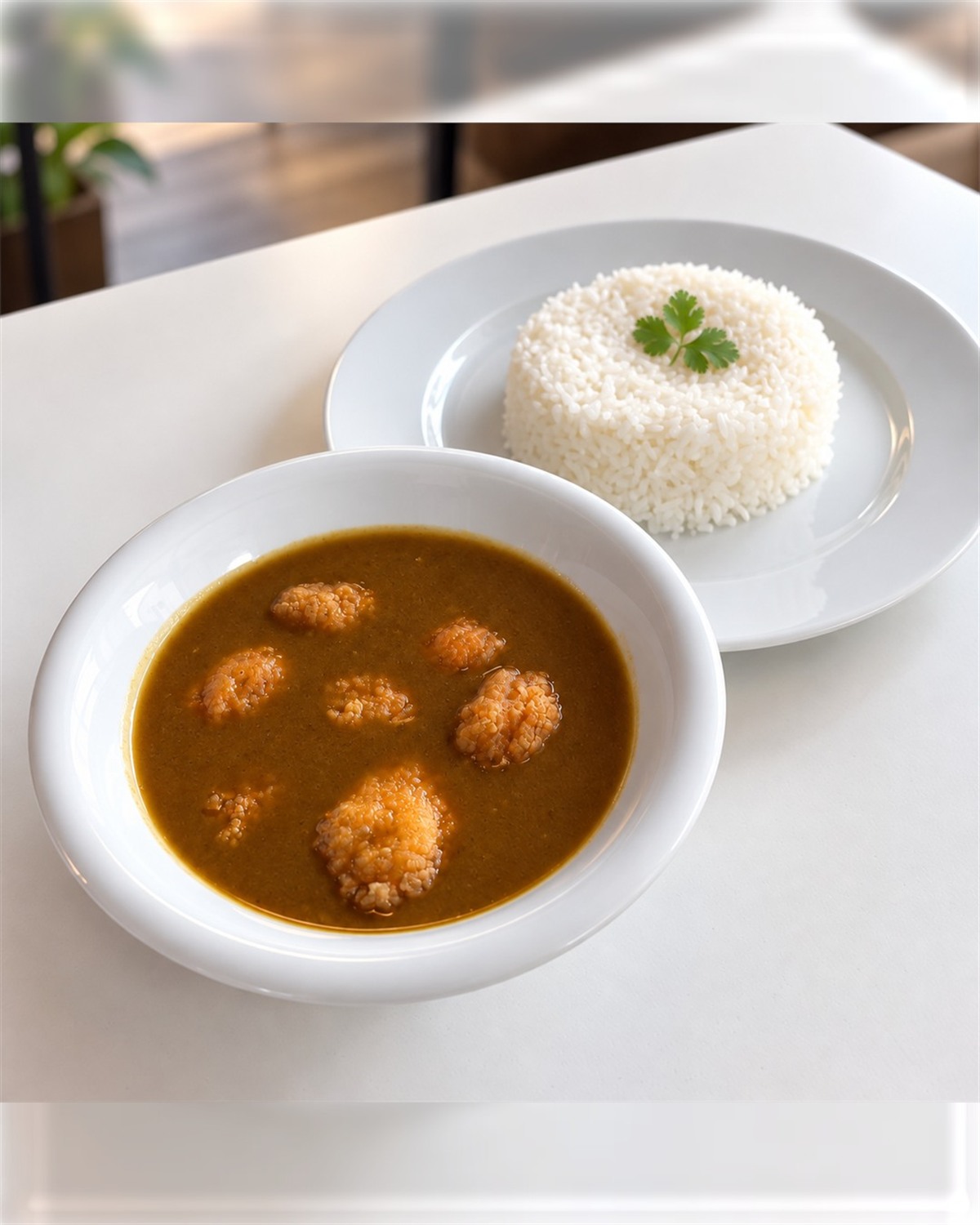 Crispy Chicken Katsu Curry mit sechs natürlich verteilten, teilweise eingetauchten runden Pouletstücken und Jasminreis in weissen Keramikschalen