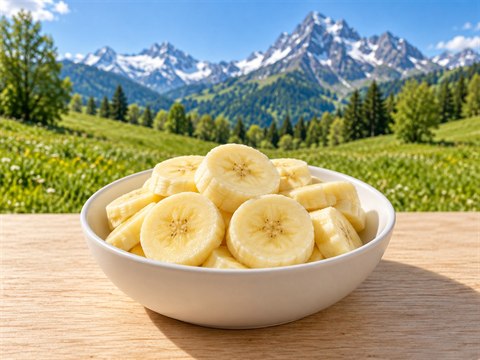 Frische gelbe Bananenscheiben in einer flachen weissen Keramikschale.