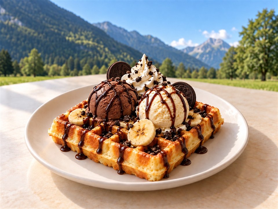 Goldene belgische Waffel mit Schokoladen- und Vanilleeis, Bananenscheiben, Oreo-Keksen, Schokoladensauce und Schlagrahm auf einem weissen Keramikteller.