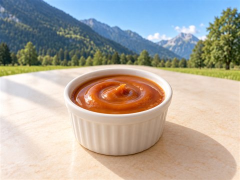 Glänzende bernsteinfarbene Karamellsauce in einem kleinen weissen Keramikschälchen.