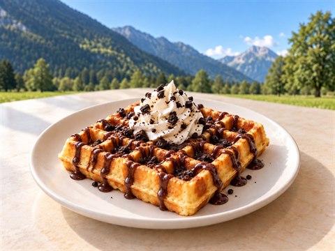 Golden Belgian waffle with chocolate sauce, whipped cream and Oreo crumbs on a white ceramic plate.