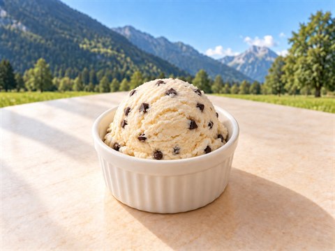 One cream-coloured scoop of ice cream with small dark chocolate chips in a small white ceramic ramekin against a Swiss mountain backdrop.
