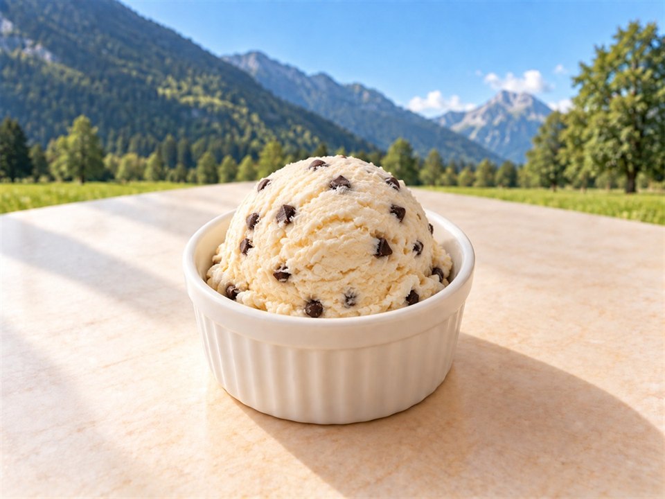 One cream-coloured scoop of ice cream with small dark chocolate chips in a small white ceramic ramekin against a Swiss mountain backdrop.