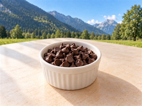Kleine dunkle Schokoladenstückchen in einem kleinen weissen Keramikschälchen.