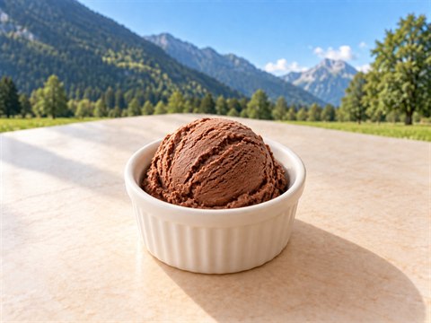 One cocoa-brown scoop of chocolate ice cream in a small white ceramic ramekin against a Swiss mountain backdrop.