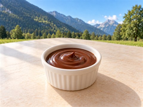 Glänzende dunkle Milchschokoladensauce in einem kleinen weissen Keramikschälchen.
