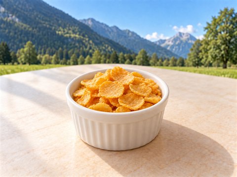 Knusprige goldene Cornflakes-Stücke in einem kleinen weissen Keramikschälchen.