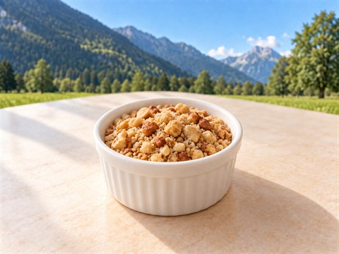 Grob gehackte gemischte Nüsse in Beige- und Hellbrauntönen in einem kleinen weissen Keramikschälchen.