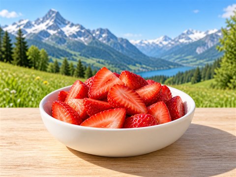 Frisch geschnittene rote Erdbeeren in einer flachen weissen Keramikschale.