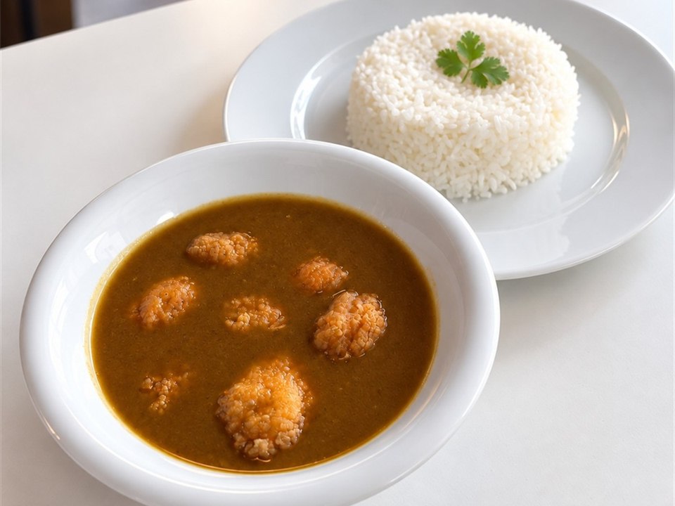 Crispy Chicken Katsu Curry mit sechs runden Pouletstücken und Jasminreis in weissen Keramikschalen.