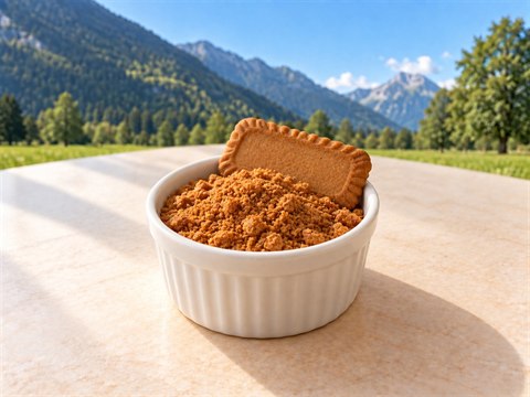 Goldene karamellisierte Keksstreusel mit einem rechteckigen Keks in einem kleinen weissen Keramikschälchen.