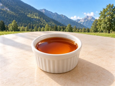 Transparenter bernsteinfarbener Ahornsirup in einem kleinen weissen Keramikschälchen.