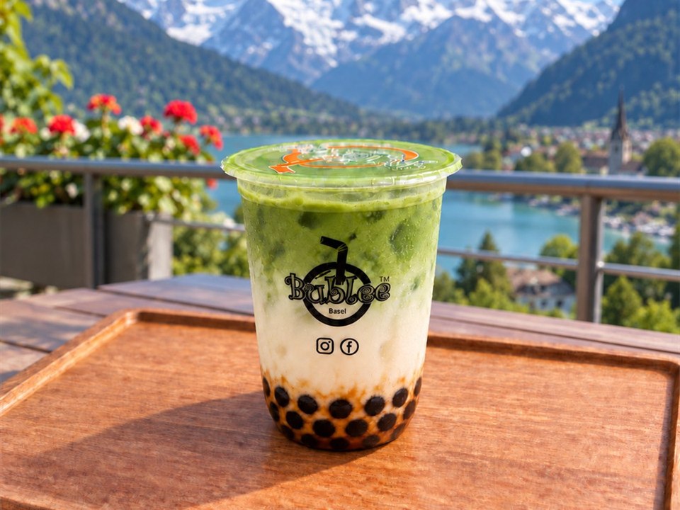 Wide cup of Matcha Latte layered green over milk with black tapioca pearls.