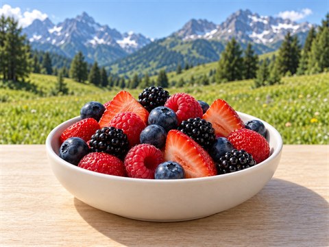Erdbeeren, Heidelbeeren, Himbeeren und Brombeeren in einer flachen weissen Keramikschale.