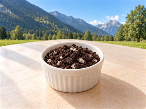 Grobe dunkle Kakao-Sandwichkeks-Streusel mit kleinen weissen Cremeflecken in einem kleinen weissen Keramikschälchen.