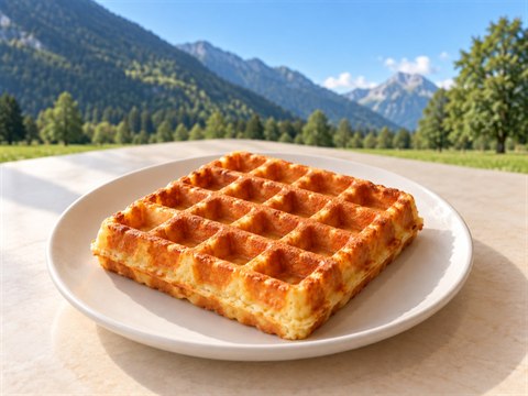 A freshly baked golden Belgian waffle on a white ceramic plate.