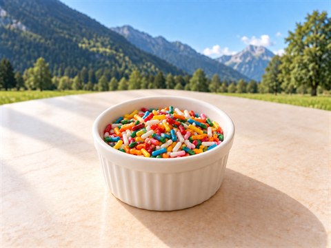 Kleine bunte Zuckerstreusel in Stäbchenform in einem kleinen weissen Keramikschälchen.