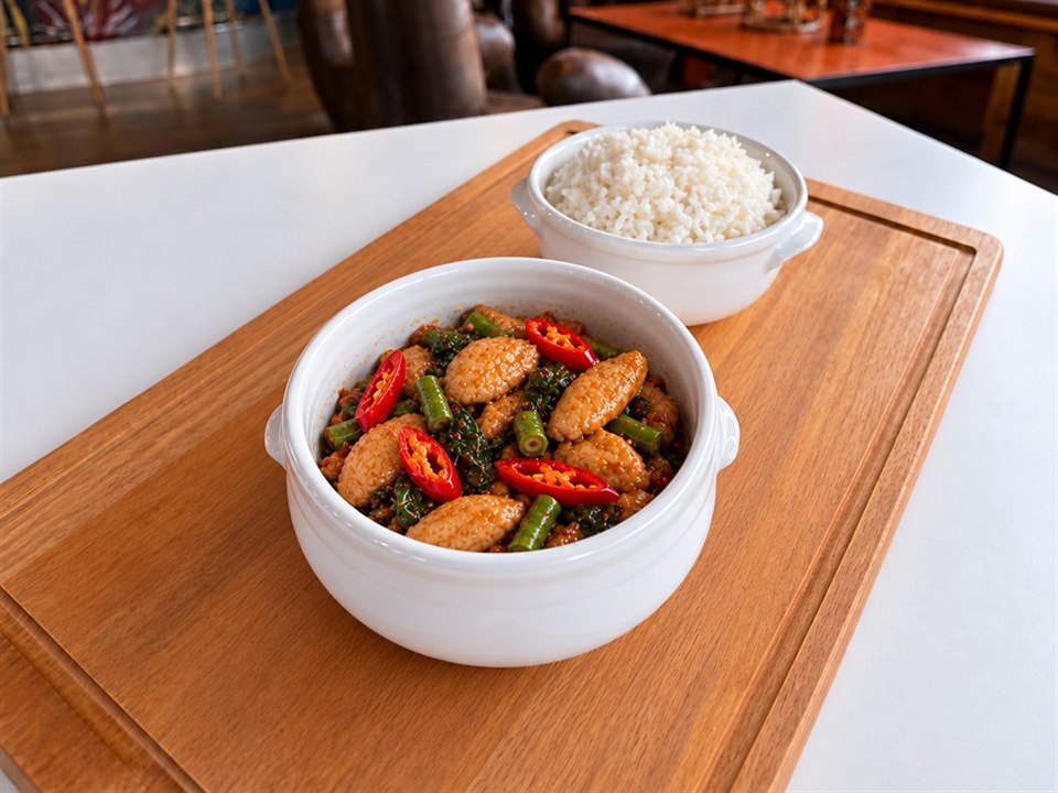 Spicy Basil Poulet in einer weissen Keramikschale mit Jasminreis in einer separaten weissen Schale.