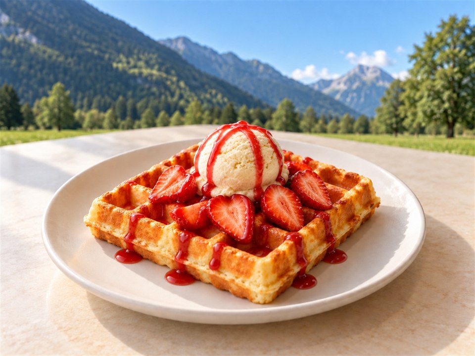 Goldene belgische Waffel mit einer Kugel Vanilleeis, Erdbeeren und Erdbeersauce auf einem weissen Keramikteller.