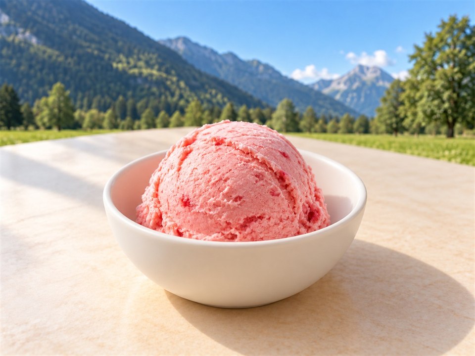 One pink scoop of strawberry ice cream with subtle fruit texture in a small white ceramic bowl against a Swiss mountain backdrop.