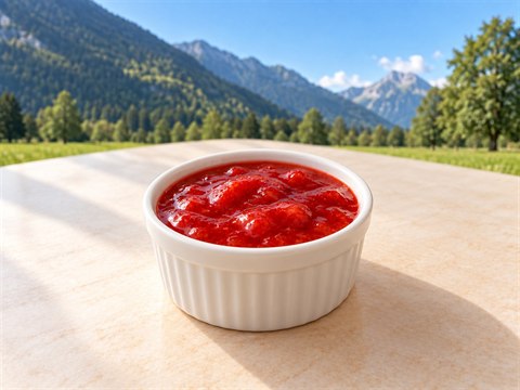 Glänzende rote Erdbeersauce mit sichtbarer Fruchttextur in einem kleinen weissen Keramikschälchen.
