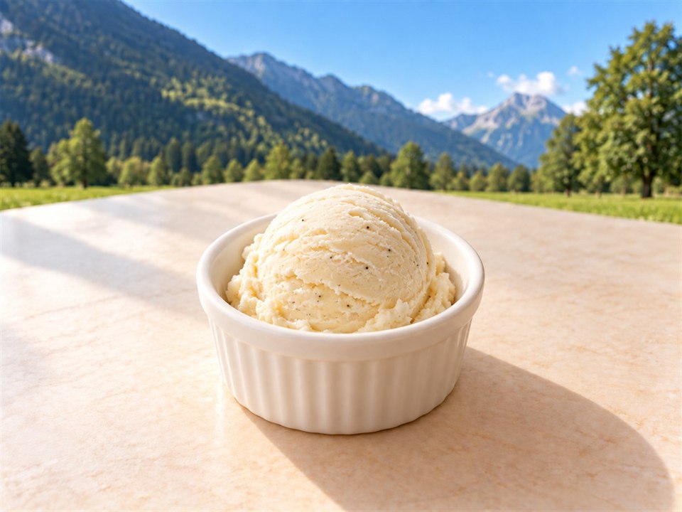 One ivory scoop of vanilla ice cream with fine vanilla specks in a small white ceramic ramekin against a Swiss mountain backdrop.