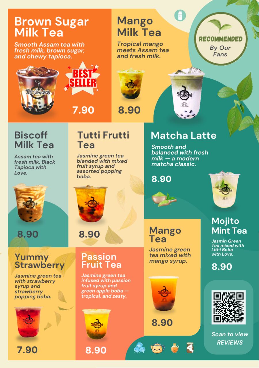 Bubble tea menu